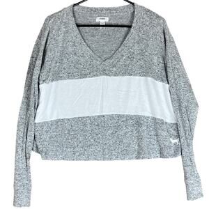 PINK Womens Sweater Heathered Gray White Long Sleeve V Neck Relaxed Cropped XS